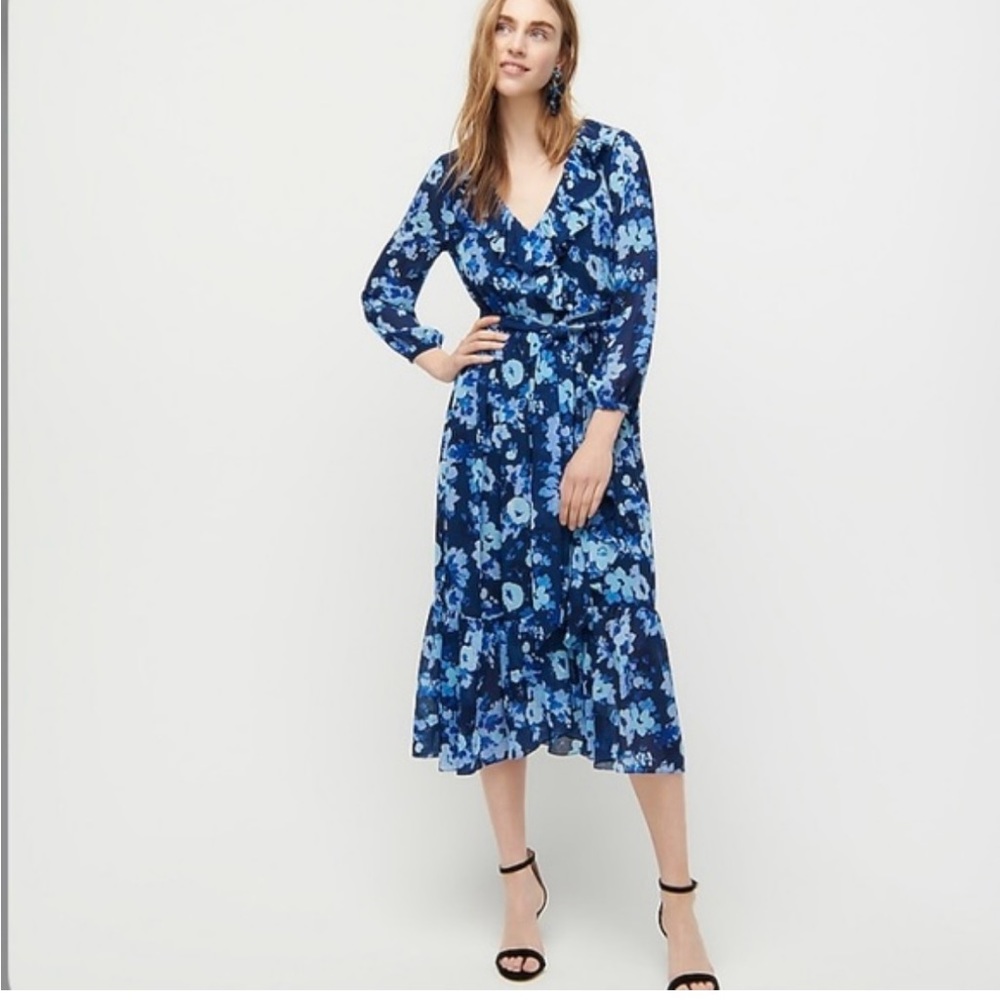 EUC J CREW Beautiful Blue floral long sleeve dress